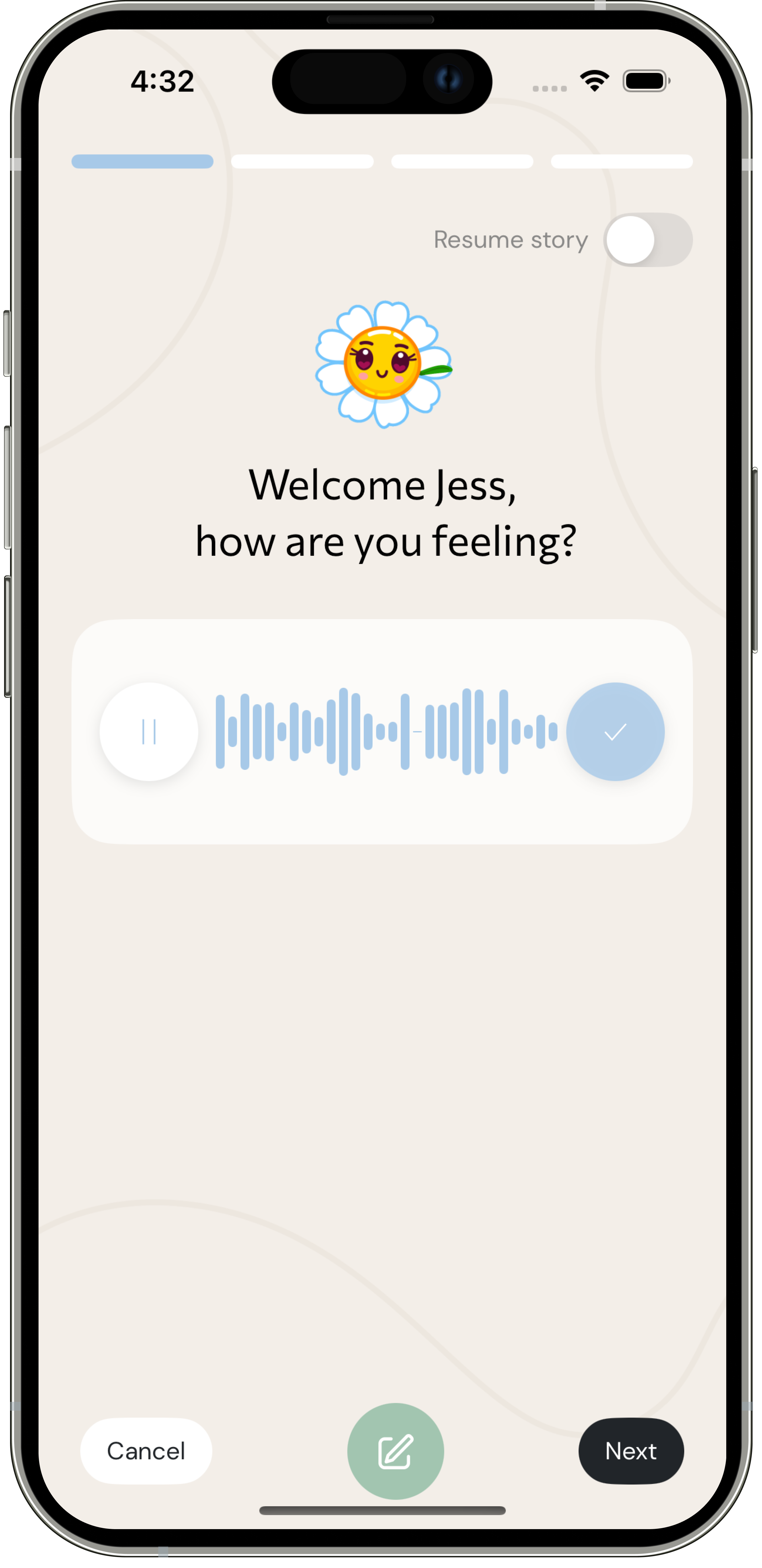 Check-in screen with welcome message, voice recording controls, and Cancel and Next actions