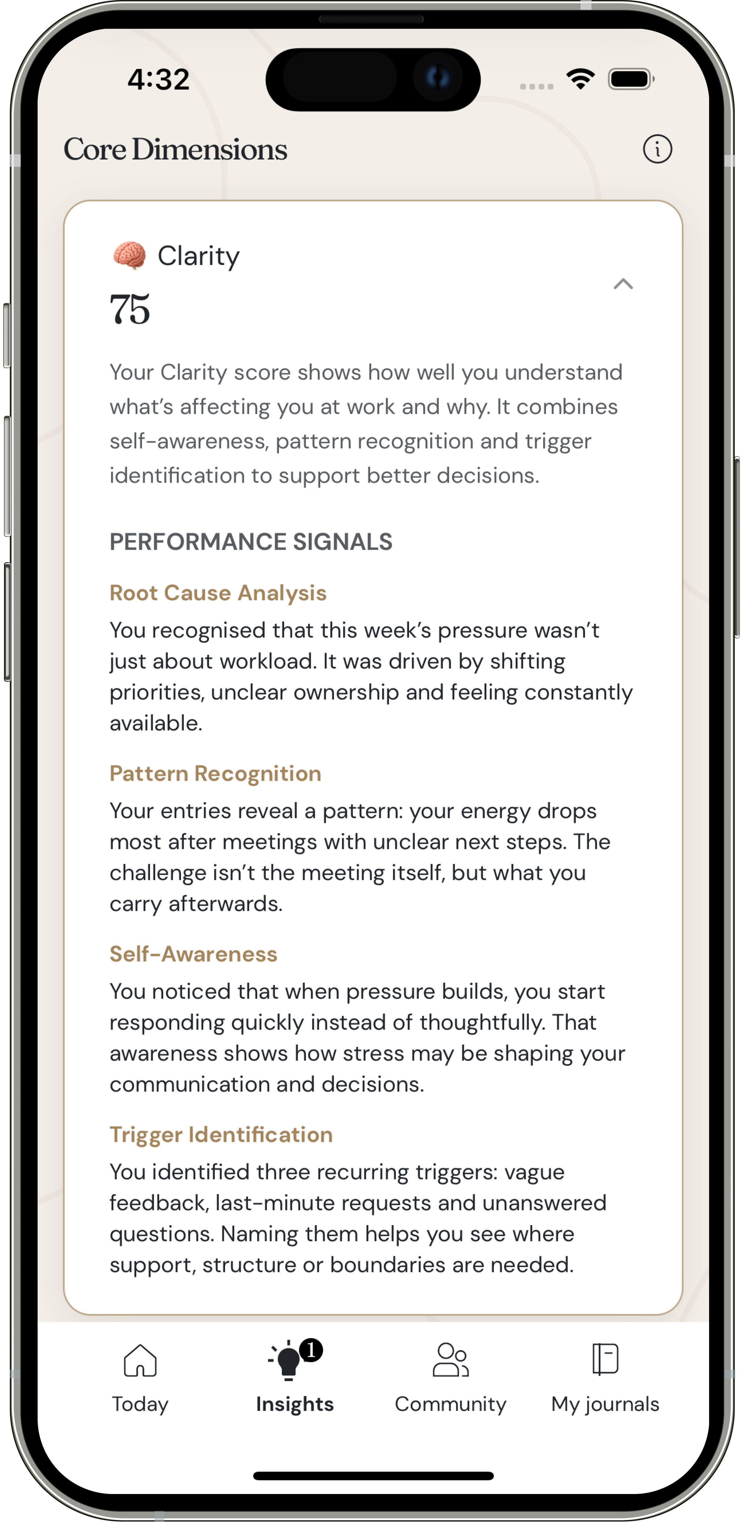 Insights screen showing Core Dimensions with Clarity, Emotion, Action, Balance, and Connection scores