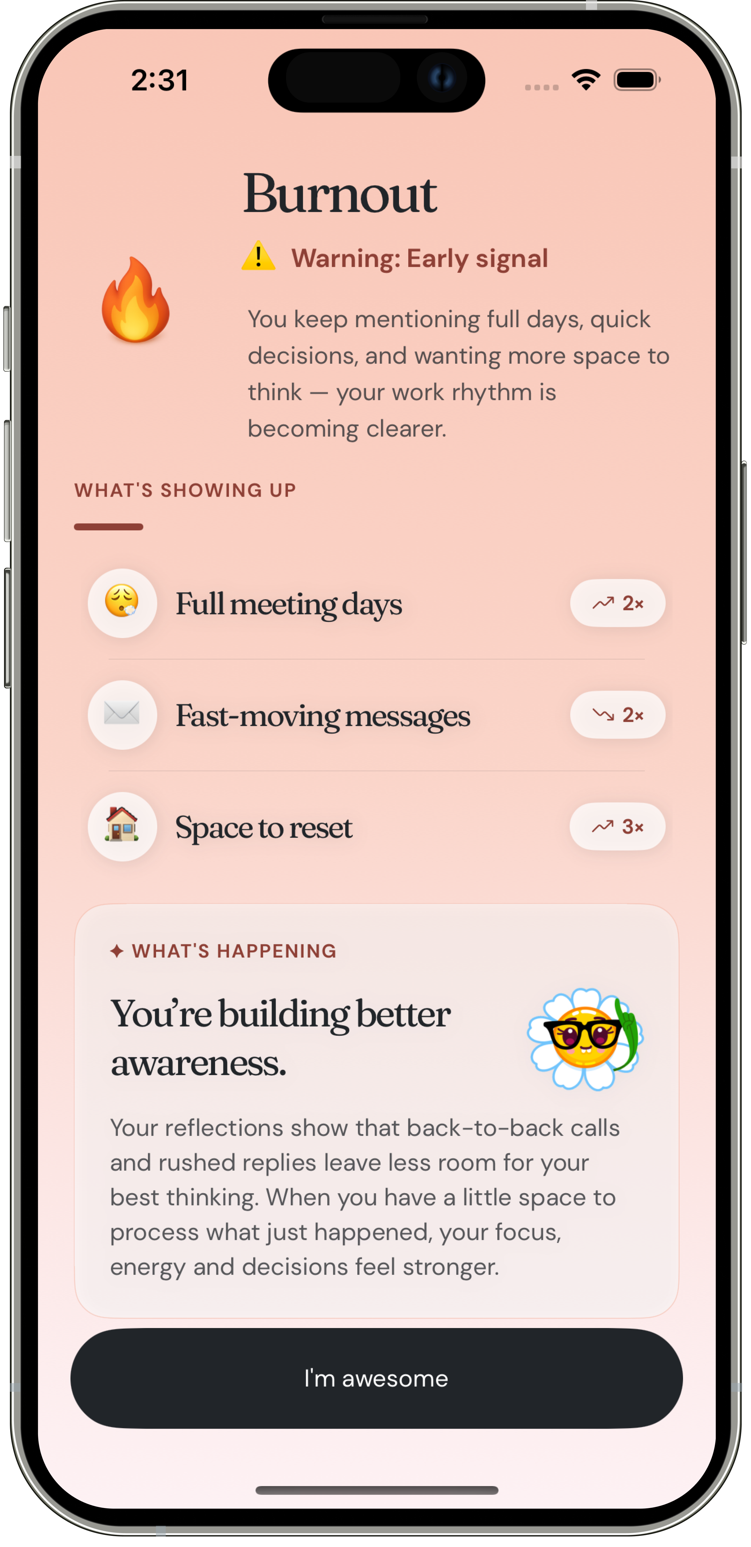 Burnout pattern screen with warning, recurring signals, and what’s happening summary