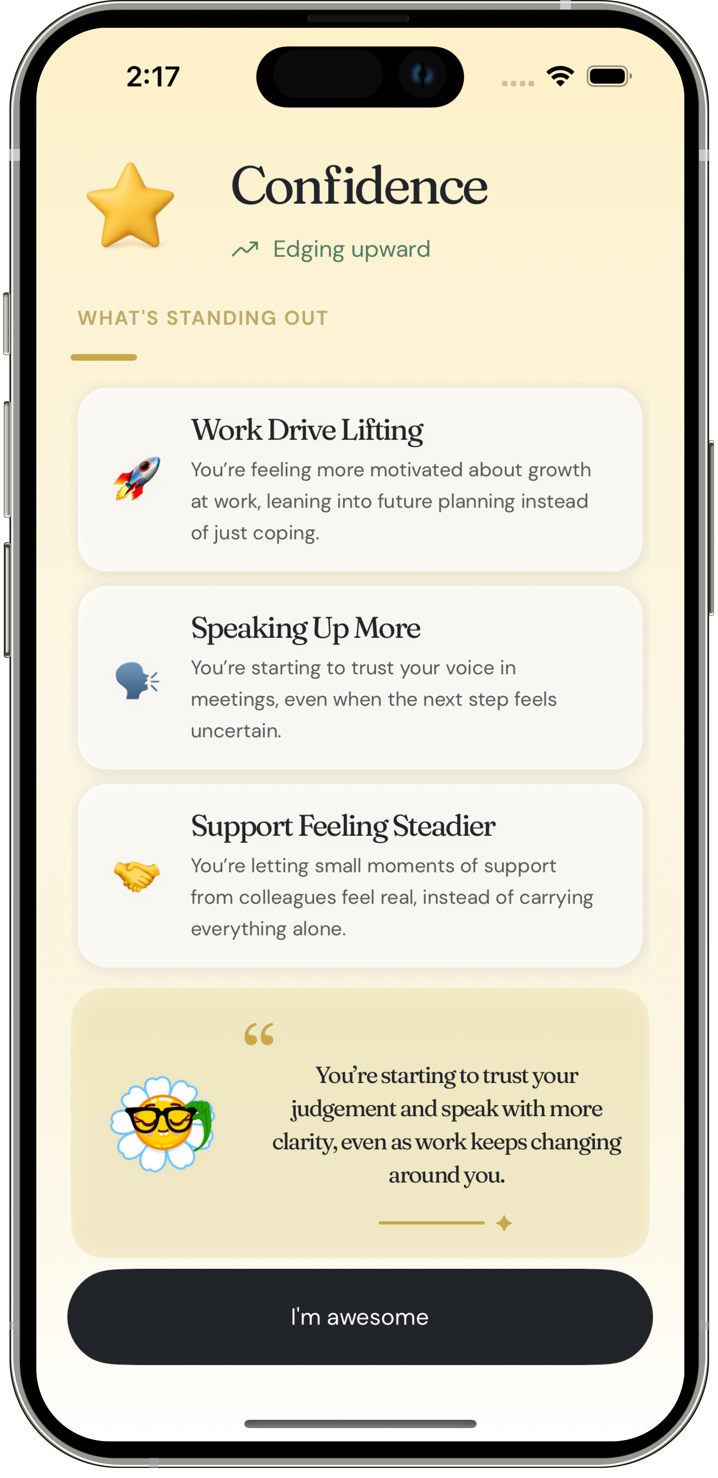 Confidence pattern screen with standing-out cards and a summary quote