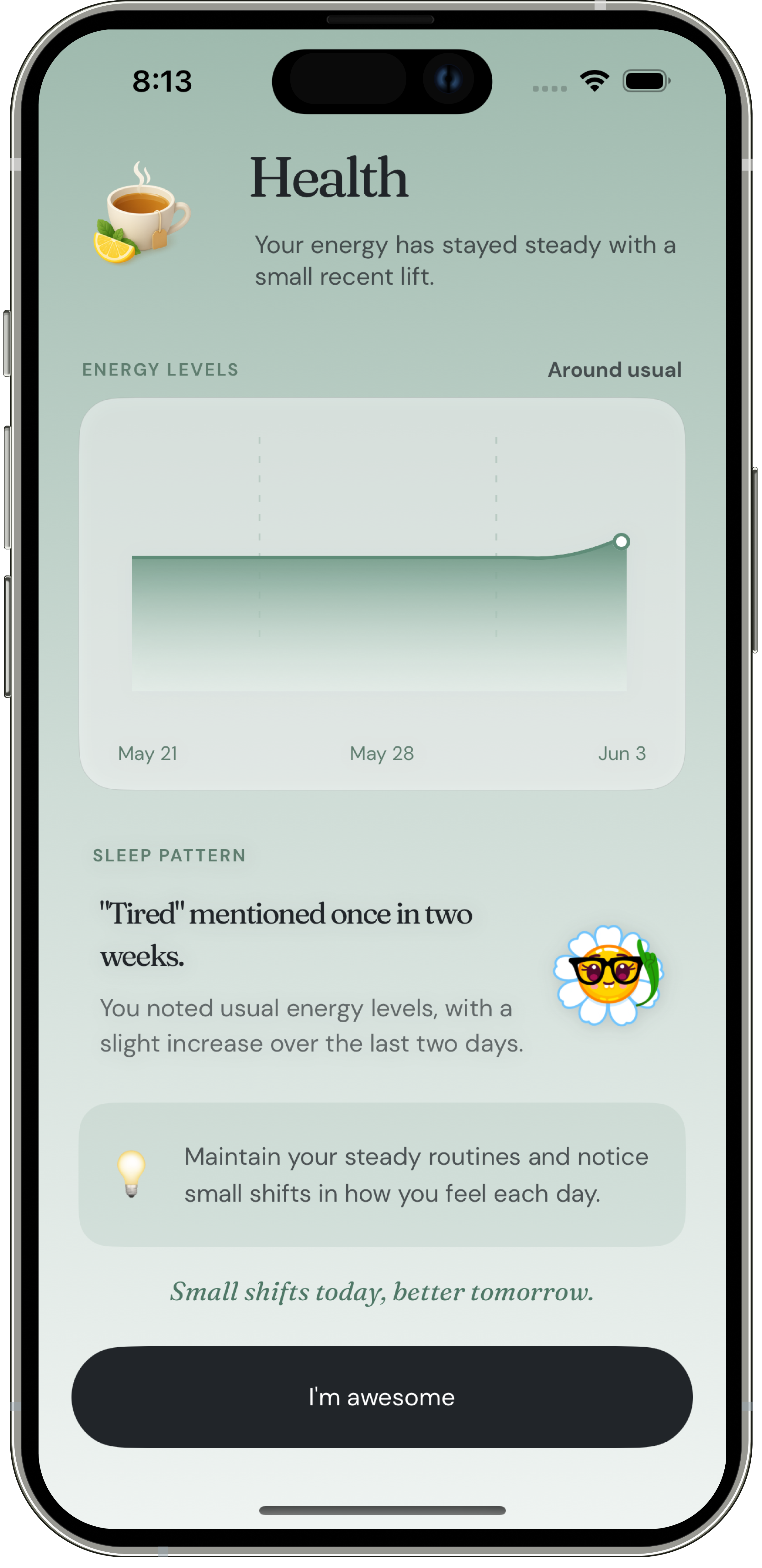 Health pattern screen with energy chart, sleep notes, and a gentle insight